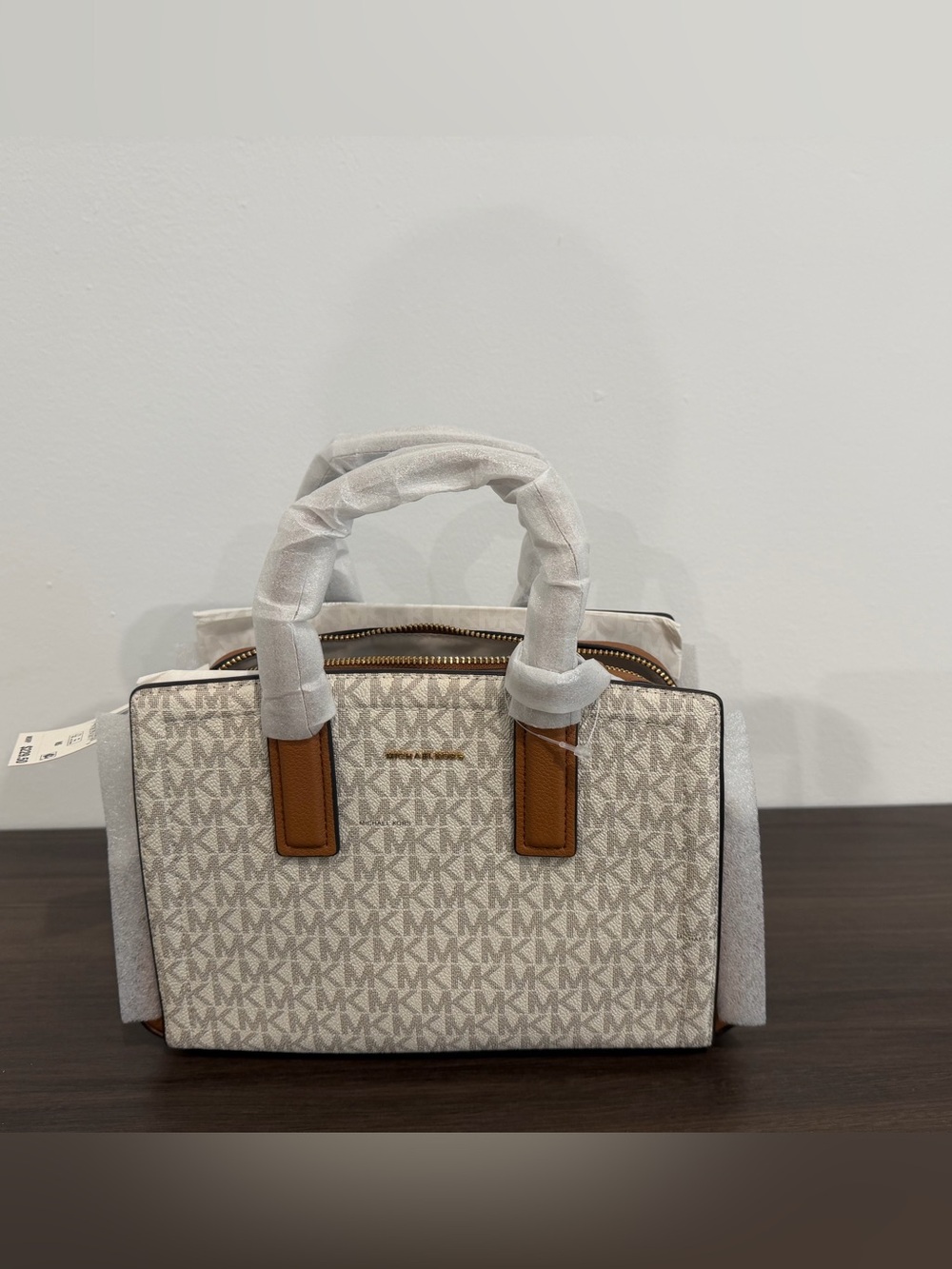 Michael Kors Cream MK Logo Satchel with Brown Trim